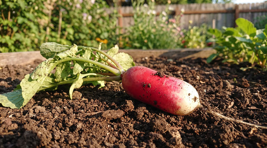 French Breakfast radish freshly pulled in a sunny garden