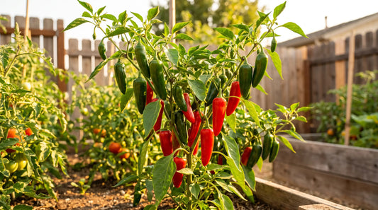 Fresno pepper plant with ripe fruit