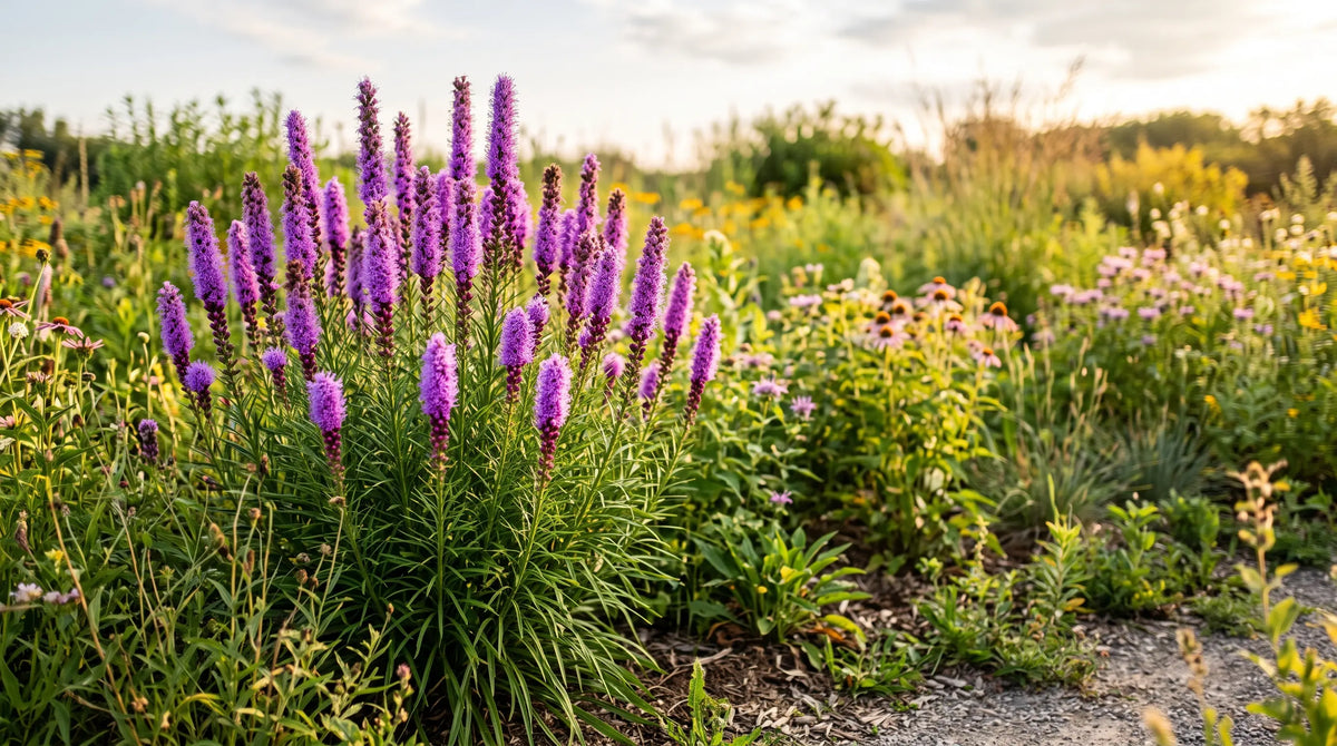 Tall purple spikes of blooming Liatris (gayfeather) in a sunny prairie-style garden.