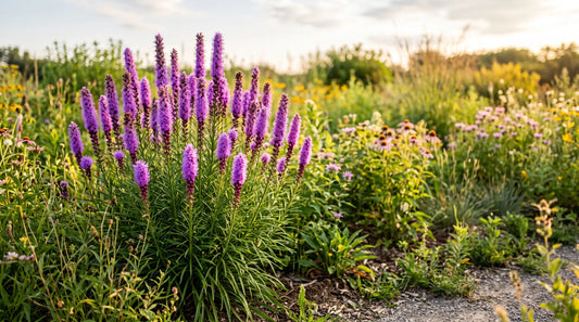 Tall purple spikes of blooming Liatris (gayfeather) in a sunny prairie-style garden.