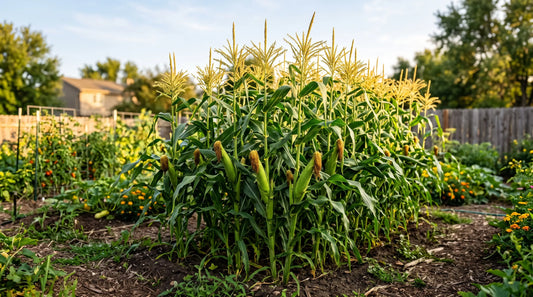 Tall Golden Bantam sweet corn stalks with ripe ears growing in a sunny garden.