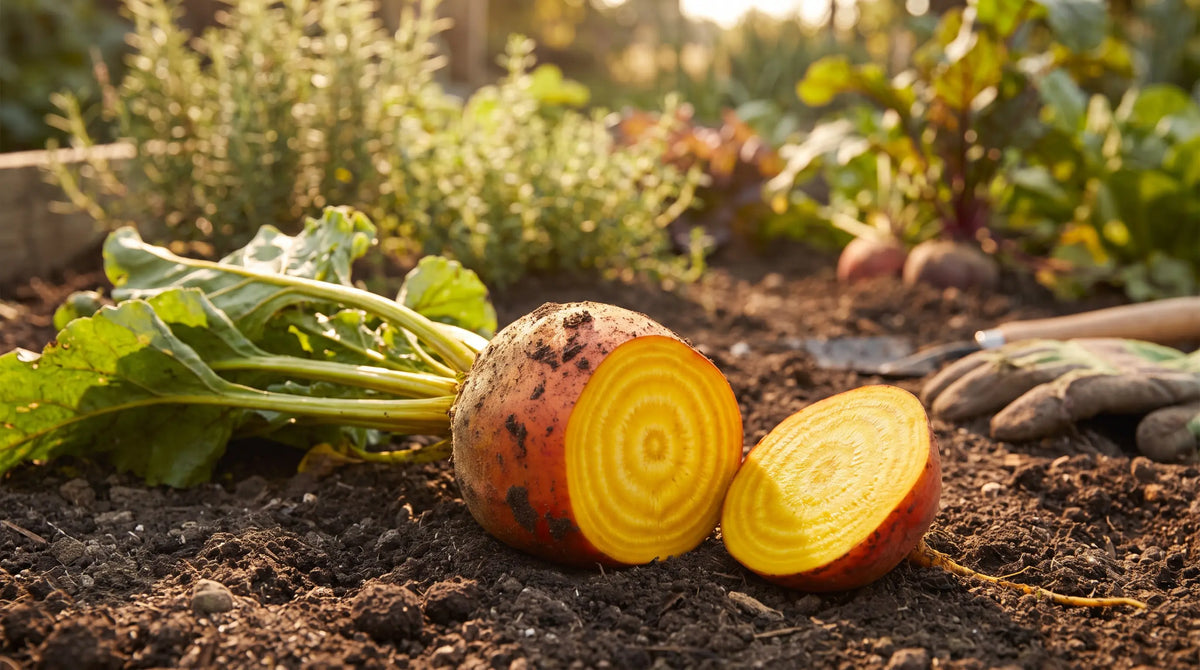 A Golden beet sliced to reveal its sweet golden-yellow flesh, with a whole root and green tops.