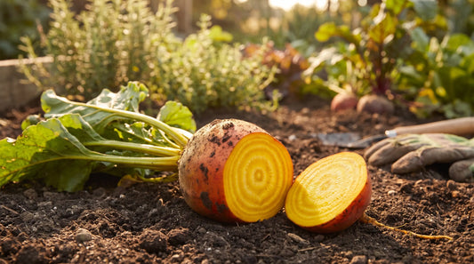 A Golden beet sliced to reveal its sweet golden-yellow flesh, with a whole root and green tops.