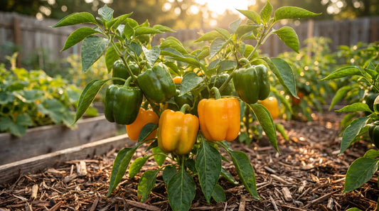 Golden California Wonder pepper plant with ripe golden-yellow fruit