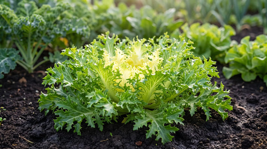How to grow Green Curled Ruffec endive: a mature frisee plant with a frilly lacy rosette in the garden