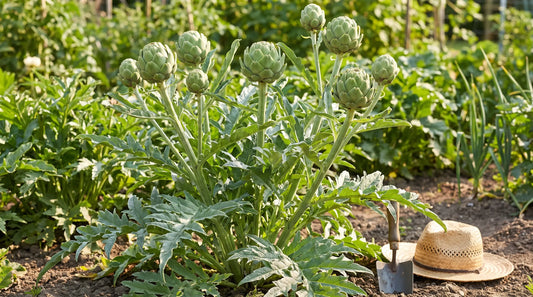 Large Green Globe artichoke plant with round green buds in a sunny garden