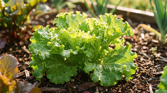 A healthy Green Leaf lettuce with frilly bright-green ruffled leaves in a sunny garden