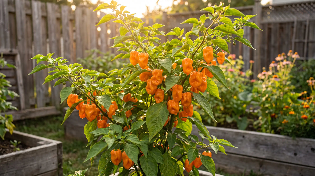 Habanero pepper plant with ripe fruit