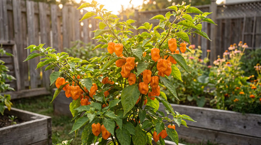 Habanero pepper plant with ripe fruit