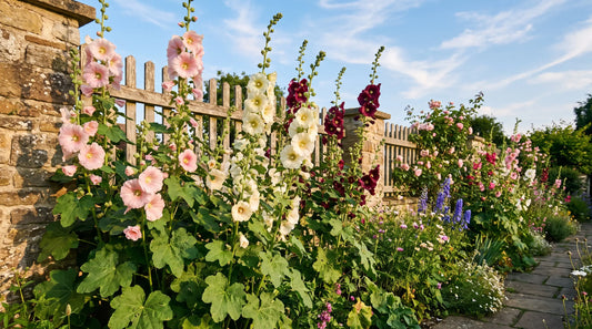 Tall hollyhocks in full bloom against a cottage fence