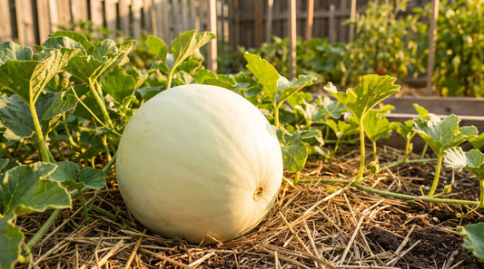 A ripening honeydew melon with a smooth creamy pale green rind in a sunny garden
