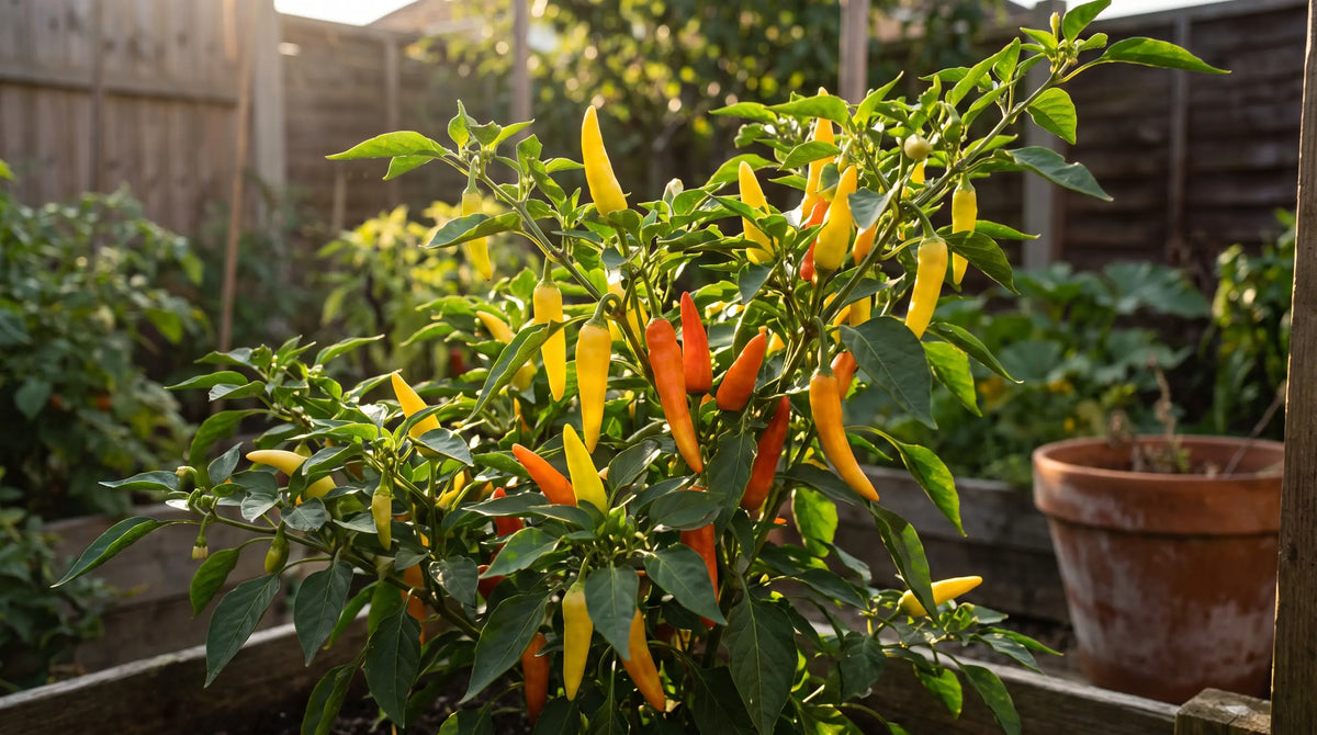 Hungarian Hot Wax pepper plant with ripe fruit