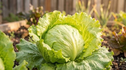 A healthy Iceberg crisphead lettuce with a dense round pale-green head in a sunny garden