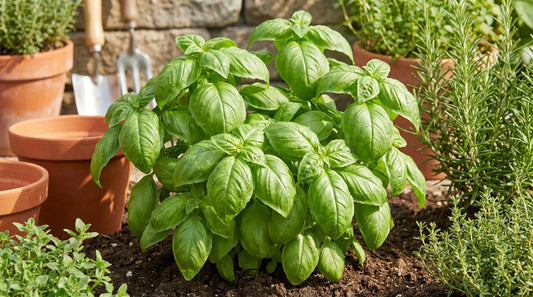 Healthy Italian Large Leaf basil with big green leaves in a sunny garden