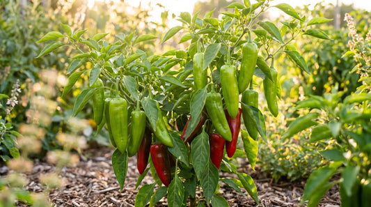 Joe E Parker pepper plant with ripe fruit