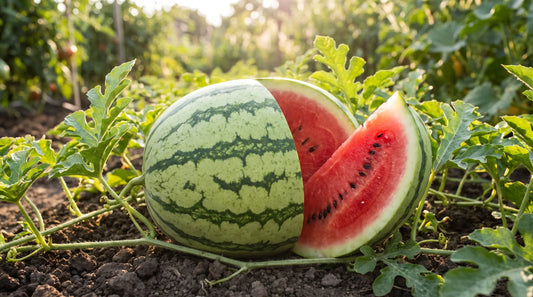 Jubilee watermelon in the garden with bold dark stripes and bright red flesh