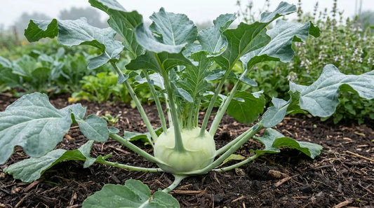 How to grow kohlrabi: a mature kohlrabi plant with a swollen bulb in the garden