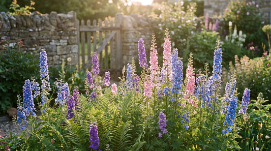 Tall blue, purple, and pink larkspur in full bloom in a sunny garden.