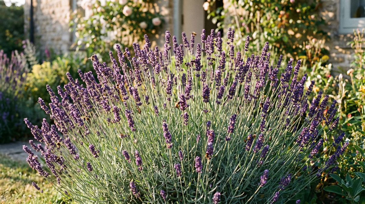 Mature English lavender in full purple bloom in a sunny garden