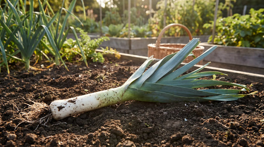 A freshly pulled leek showing its long white shank and blue-green fan of leaves