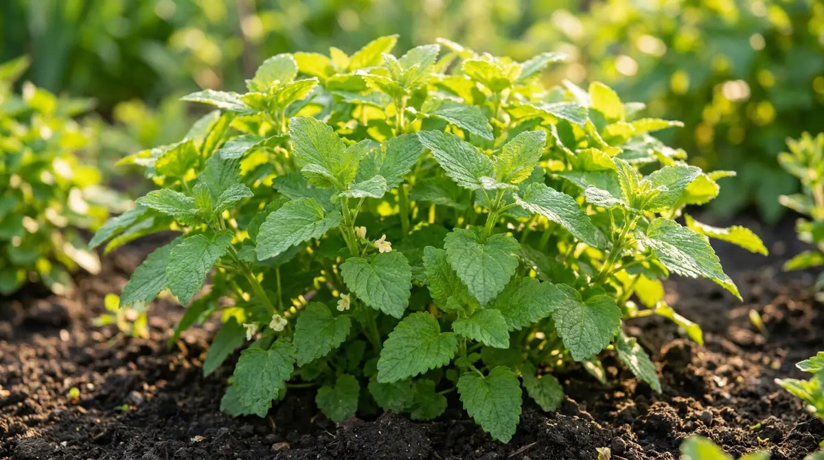 Mature bushy lemon balm plant growing in a sunny garden