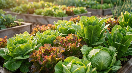 A thriving home garden bed of lettuces in a range of colors and forms in warm golden light