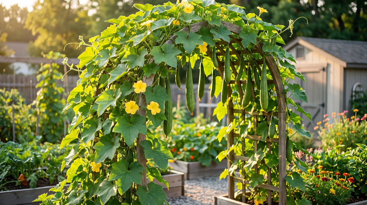 Lush full-grown luffa vine covered in yellow flowers and long green gourds on a garden arch trellis