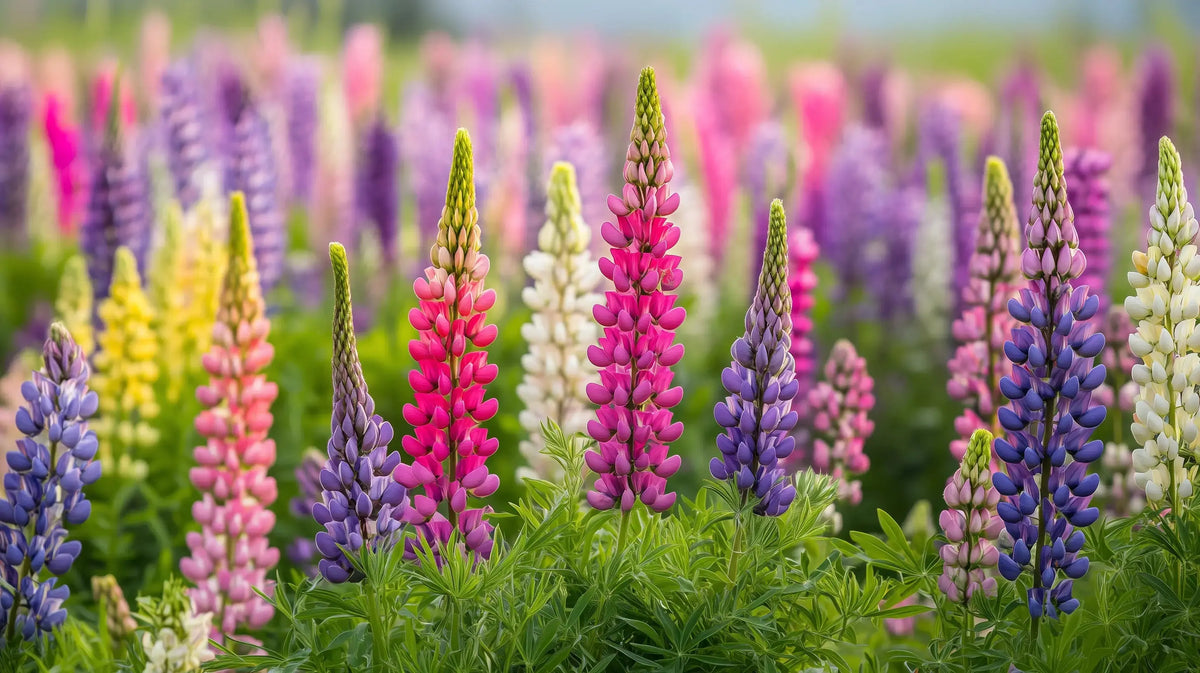 Tall Russell lupine flower spikes in shades of purple, pink, and blue blooming in a garden bed