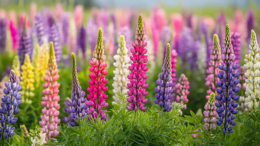 Tall Russell lupine flower spikes in shades of purple, pink, and blue blooming in a garden bed