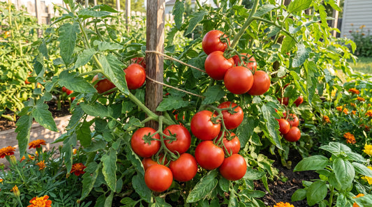 Marglobe tomatoes growing on the vine in a sunny garden