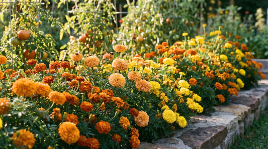 A border of marigolds in full bloom edging a vegetable garden