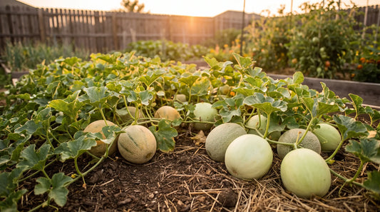 A thriving home garden bed of melon vines with ripening cantaloupes and honeydews in golden light