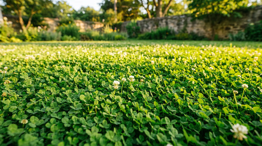 Dense green micro clover lawn in a sunny backyard