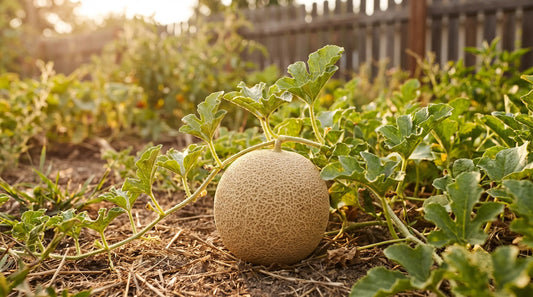 A compact Minnesota Midget cantaloupe on a short vine in a sunny garden