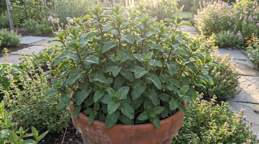 Lush mature mint plant growing in a garden pot, how to grow mint
