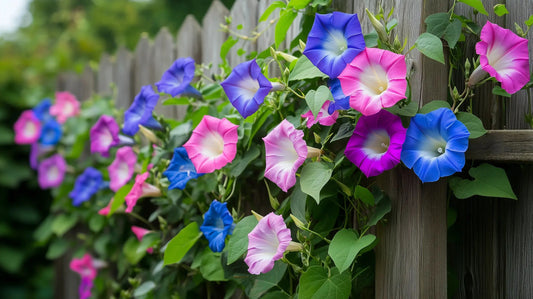 Morning Glory Tall Mix vines in mixed blue, purple, pink, and white climbing a trellis