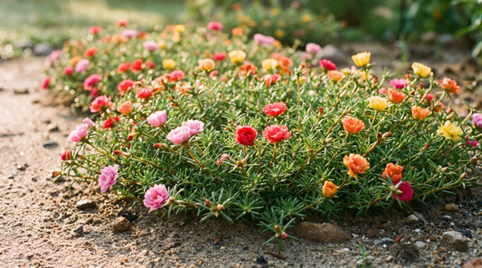 Full-grown moss rose plant covered in bright pink, orange, and yellow flowers in a sunny garden.