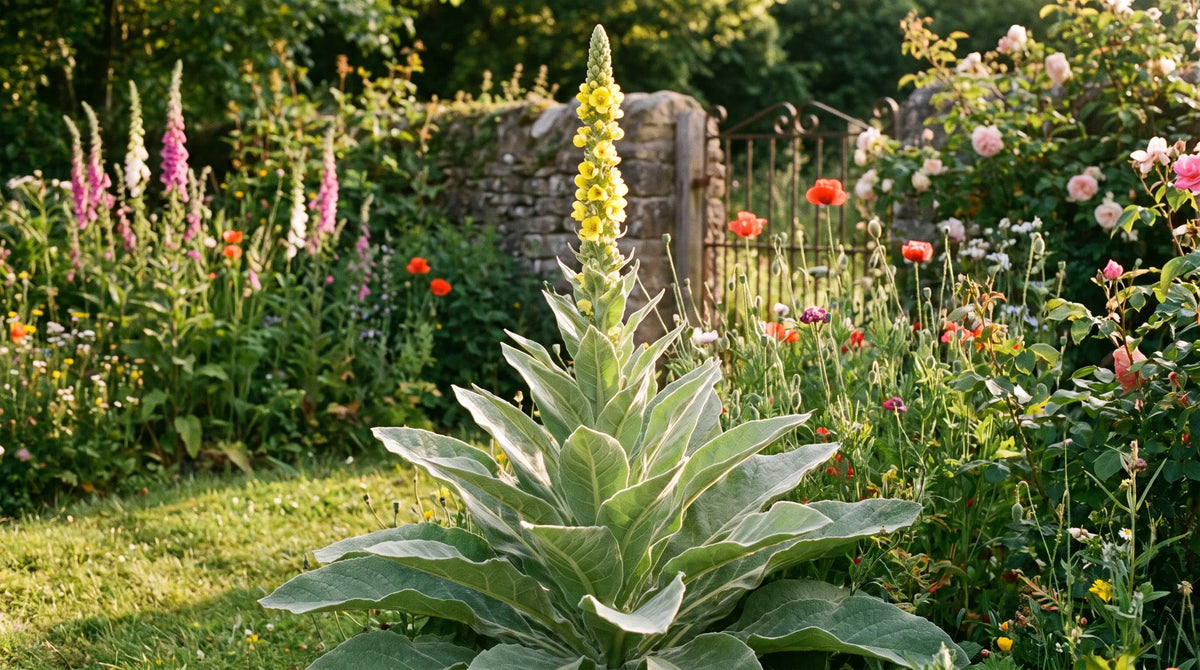 A full-grown mullein plant with a tall golden flower spike rising above fuzzy silver-green leaves in a sunny garden.