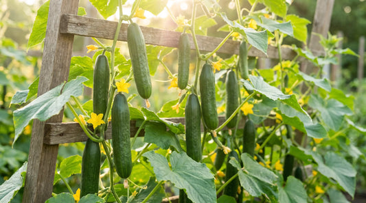 Healthy Muncher cucumber vine with long green cucumbers climbing a trellis in a sunny garden
