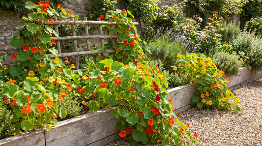 Trailing nasturtiums in full bloom spilling over a raised bed