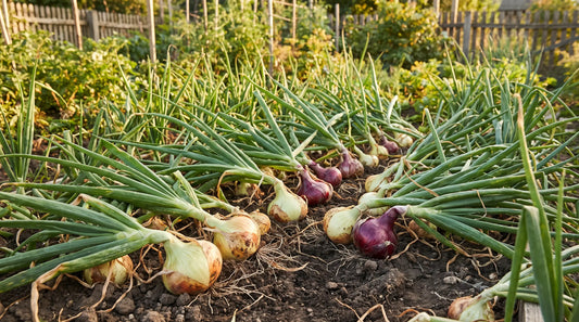 A thriving home garden bed of onions in a range of colors, bulbs lifted from the soil