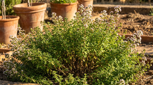 How to grow oregano: a bushy mature oregano plant in a sunny Mediterranean herb garden