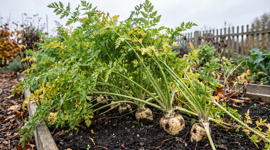 Row of parsnips with ferny green tops in an autumn garden