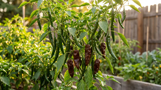 Pasilla Bajio pepper plant with ripe fruit