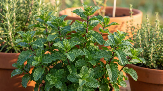 Lush, healthy peppermint (garden mint) plant growing in a sunny herb garden