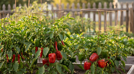 Pepper plants heavy with ripe red and green bell and chili peppers in a sunny garden bed