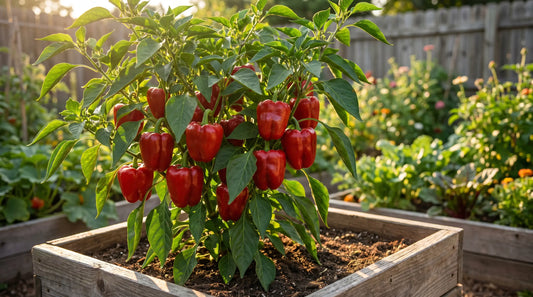 Pimento L pepper plant with ripe heart-shaped red fruit