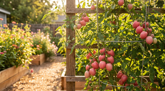 Pink Thai Egg tomato plant with ripe fruit