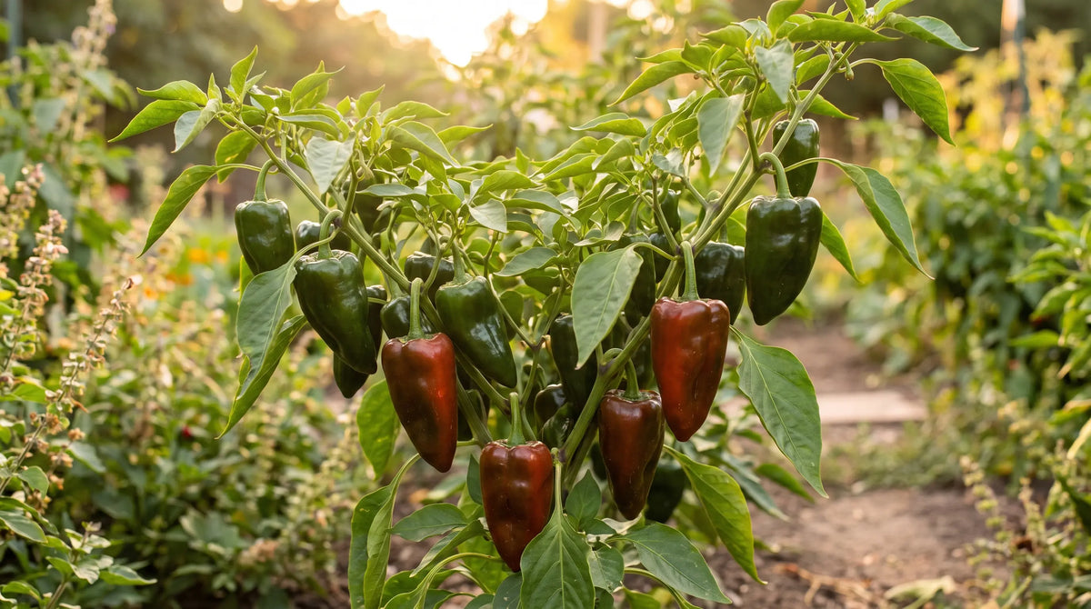 Poblano pepper plant with large dark green heart-shaped chile fruit