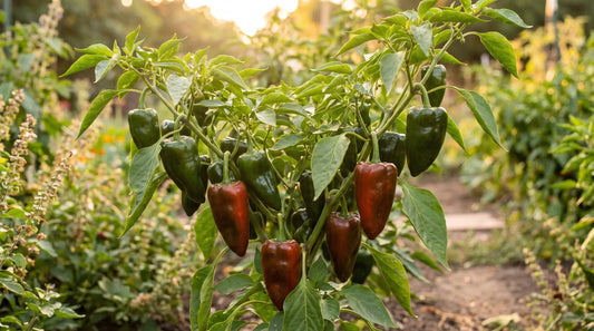 Poblano pepper plant with large dark green heart-shaped chile fruit